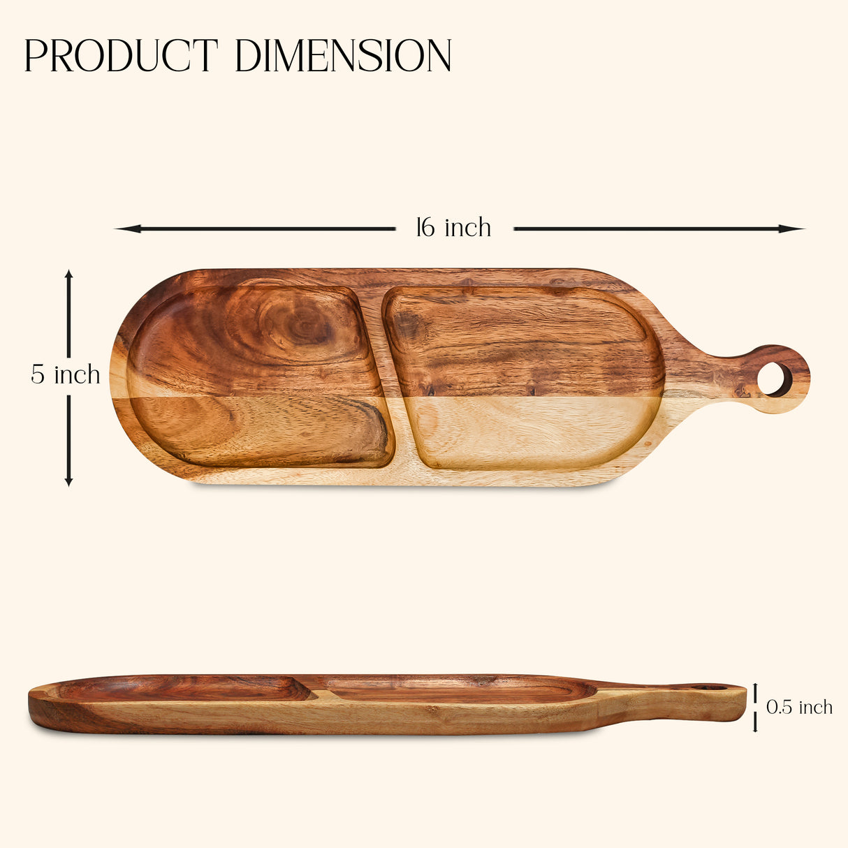 Long Acacia Wood 2-Section Serving Board with Handle – Dark Finish for Cheese & Meat