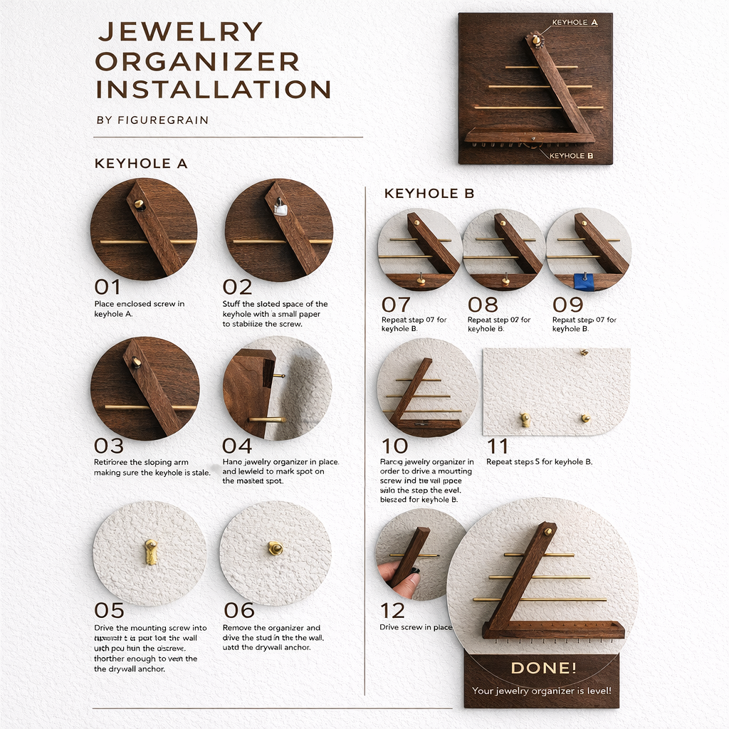 Modern Wooden Jewelry Organizer Wall Shelf with Brass Bars – Sculptural Display & Storage Rack for Necklaces, Earrings & Rings