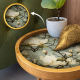 Handcrafted Wooden Coffee Table Set of 2 – Round Nesting Side Tables with Floral Inlay Top – Solid Wood Accent Tables for Living Room, Balcony & Bedroom Décor