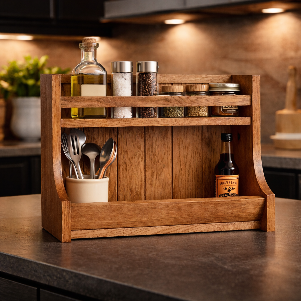Wooden Kitchen Counter Organizer Rack – Spice Rack & Storage Shelf for Kitchen Countertop, Rustic Wooden Kitchen Organizer