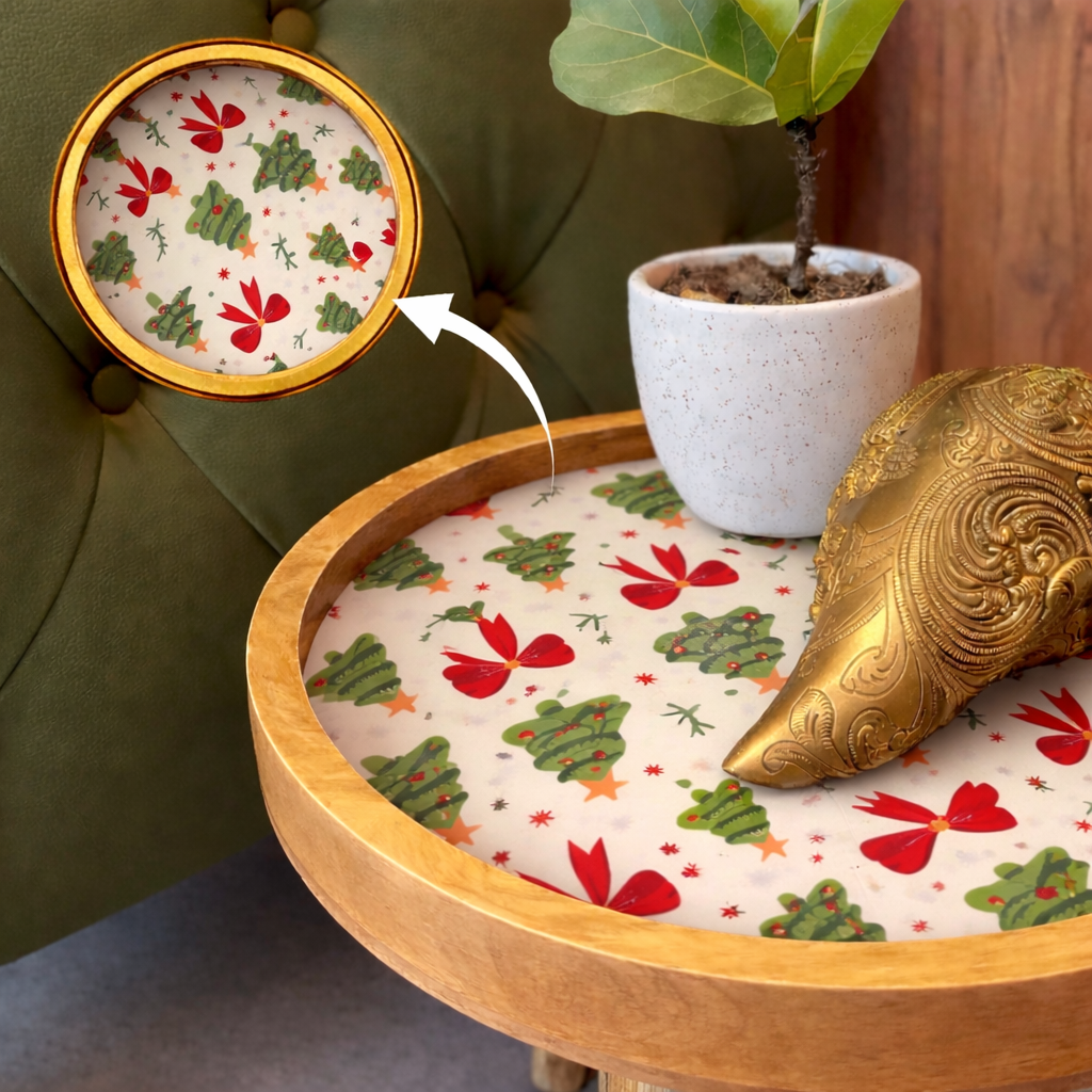Handcrafted Wooden Coffee Table Set of 2 – Round Nesting Side Tables with Festive Printed Tray Top – Solid Wood Accent Tables for Living Room, Bedroom & Balcony Décor
