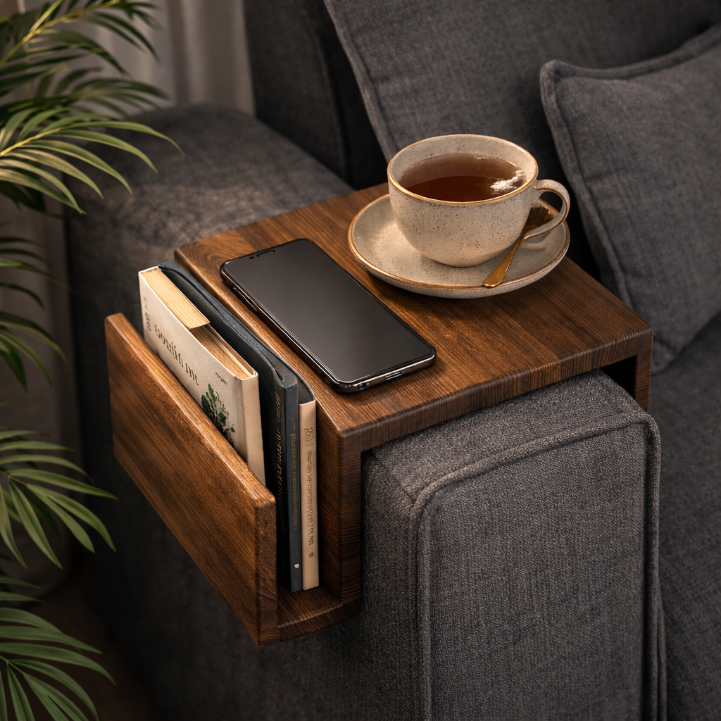 Wooden Sofa Arm Tray Table with Side Pocket – Couch Armrest Organizer for Remote, Books & Snacks – Non-Slip Couch Arm Table for Living Room – Rustic Brown Finish
