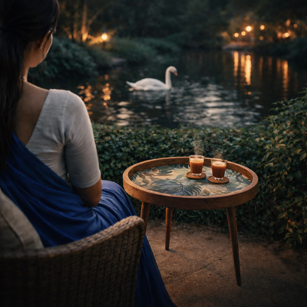 Handcrafted Wooden Round Side Table with Floral Inlay Top – Solid Wood Accent Table for Living Room, Bedroom & Home Décor