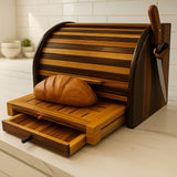 Handcrafted Wooden Bread Box with Roll-Top Lid & Sliding Crumb Drawer - Premium Countertop Bread Storage Organizer
