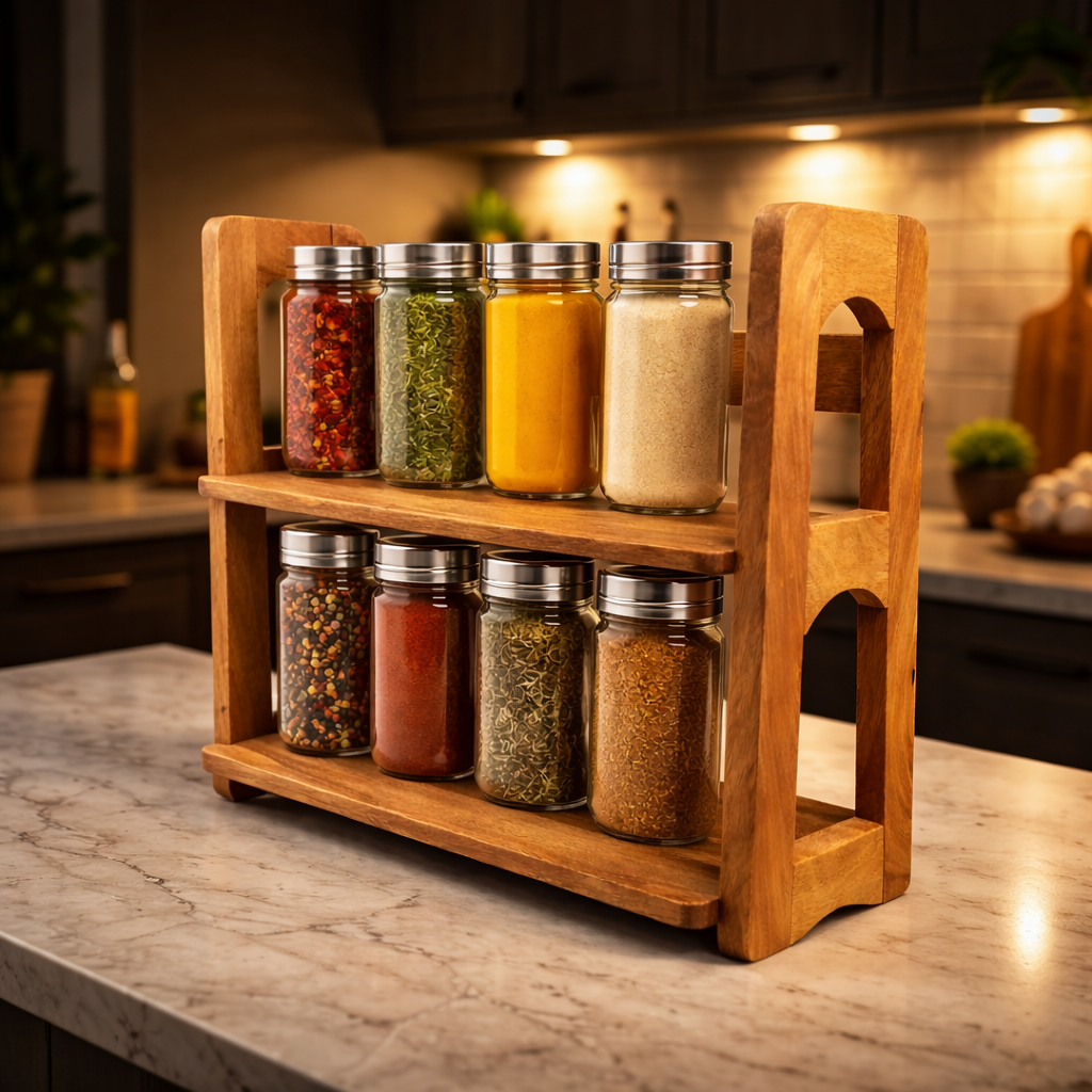 2-Tier Wooden Spice Rack for Kitchen Counter – Masala Organizer Stand for Spice Bottles, Herbs & Condiments
