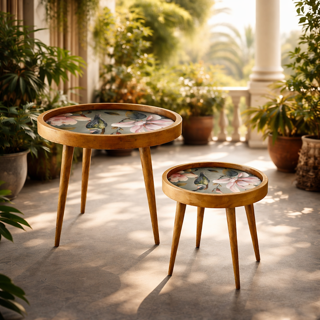 Handcrafted Wooden Round Coffee Table Set of 2 – Solid Wood Nesting Side Tables with Decorative Inlay Top for Living Room & Balcony