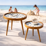 Solid Wood Round Coffee Table Set of 2 with Coastal Seashell & Starfish Print - Handmade Tray-Top Nesting Side Tables for Living Room, Bedroom & Balcony Décor