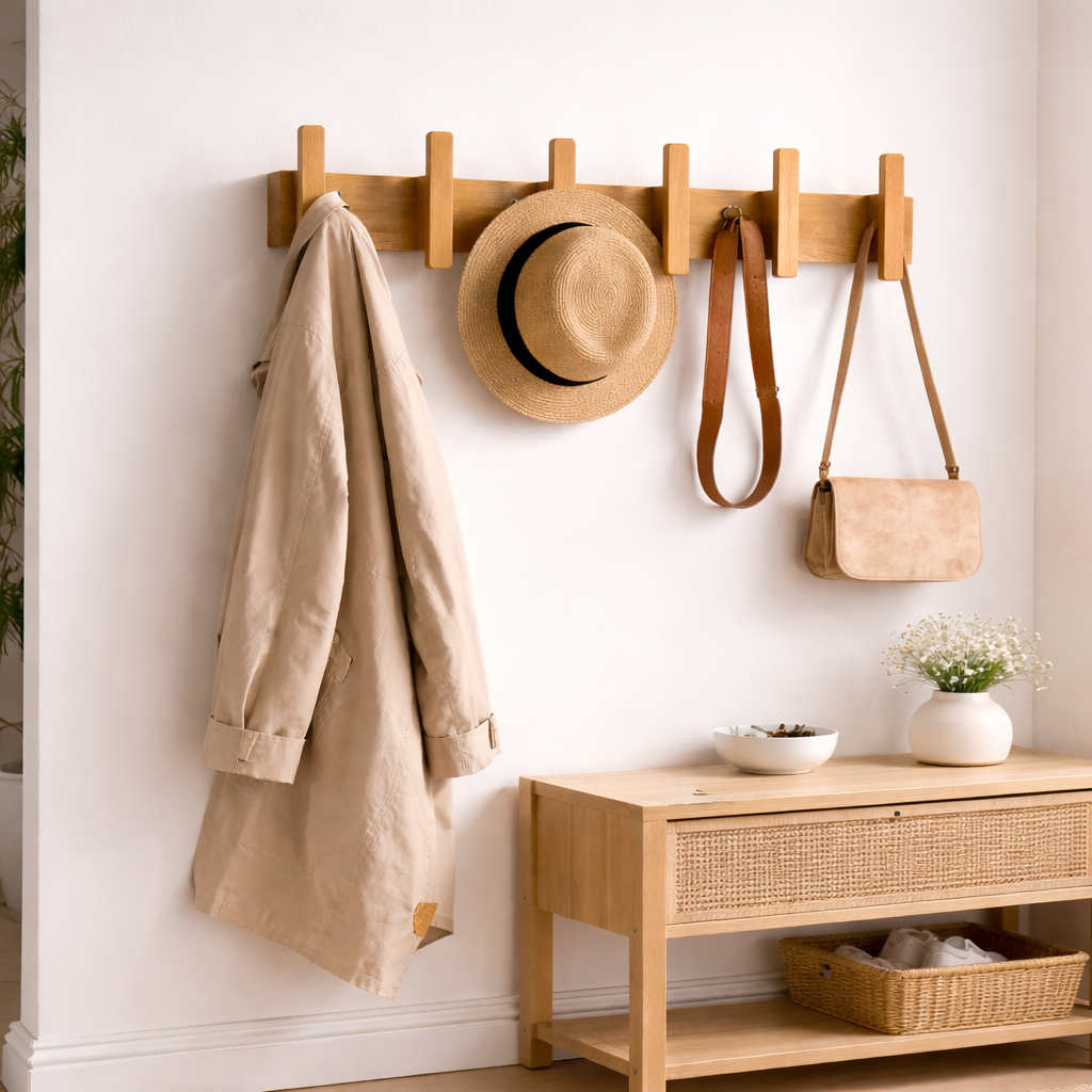 Wall Mounted Wooden Coat Rack with Hooks – Entryway Organizer for Hats, Bags & Jackets | Rustic Wood Wall Hanger