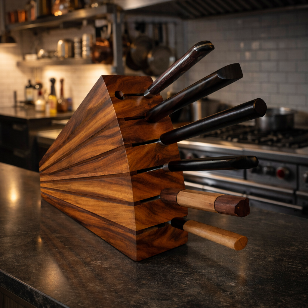 Handcrafted Wooden Knife Block – Magnetized Fan Line Design, 7-Knife Capacity