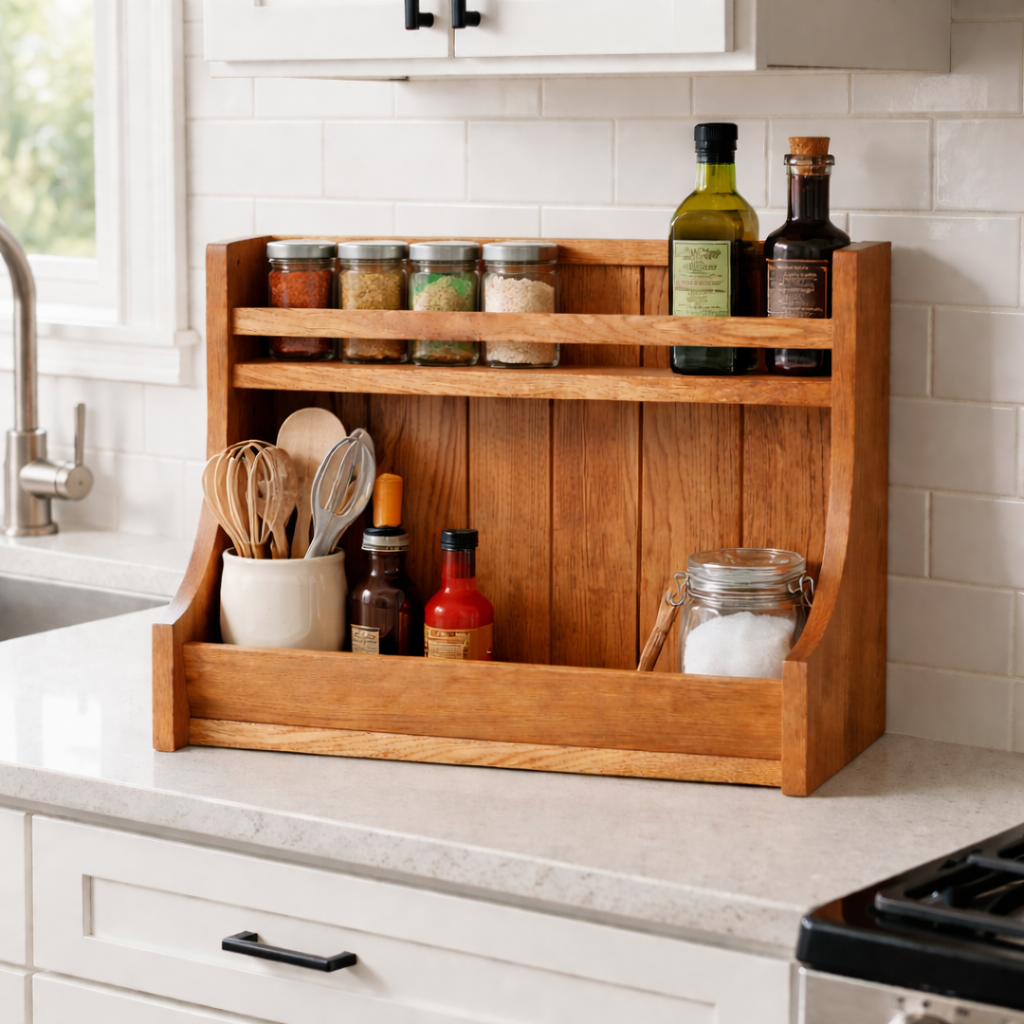 Wooden Kitchen Counter Organizer Rack – Spice Rack & Storage Shelf for Kitchen Countertop, Rustic Wooden Kitchen Organizer