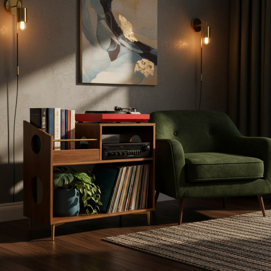 Luxury Vinyl Record Storage Cabinet – Wooden Turntable Stand with Open Shelves, High-Capacity LP Storage & Integrated Audio Shelf