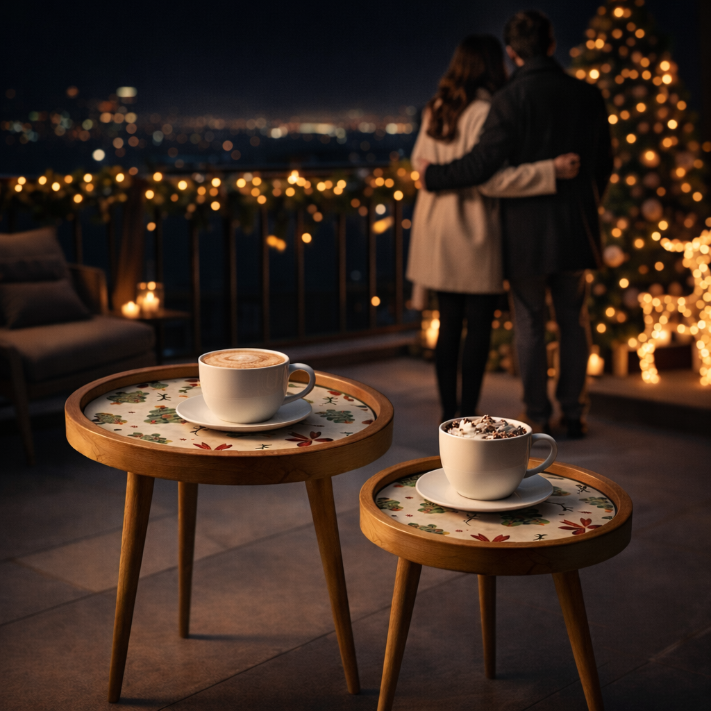 Handcrafted Wooden Coffee Table Set of 2 – Round Nesting Side Tables with Festive Printed Tray Top – Solid Wood Accent Tables for Living Room, Bedroom & Balcony Décor