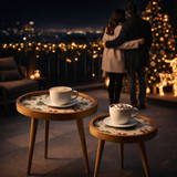 Handcrafted Wooden Coffee Table Set of 2 – Round Nesting Side Tables with Festive Printed Tray Top – Solid Wood Accent Tables for Living Room, Bedroom & Balcony Décor