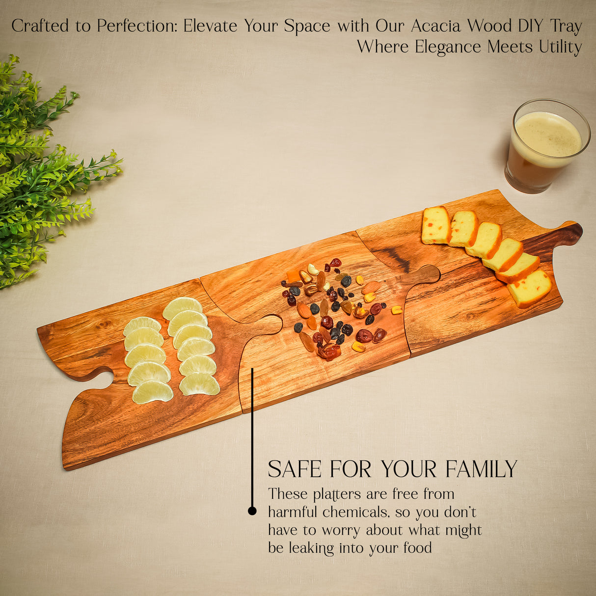 Acacia Wood 3-Piece Puzzle Platter Set – Interlocking Tray for Appetizers & Snacks