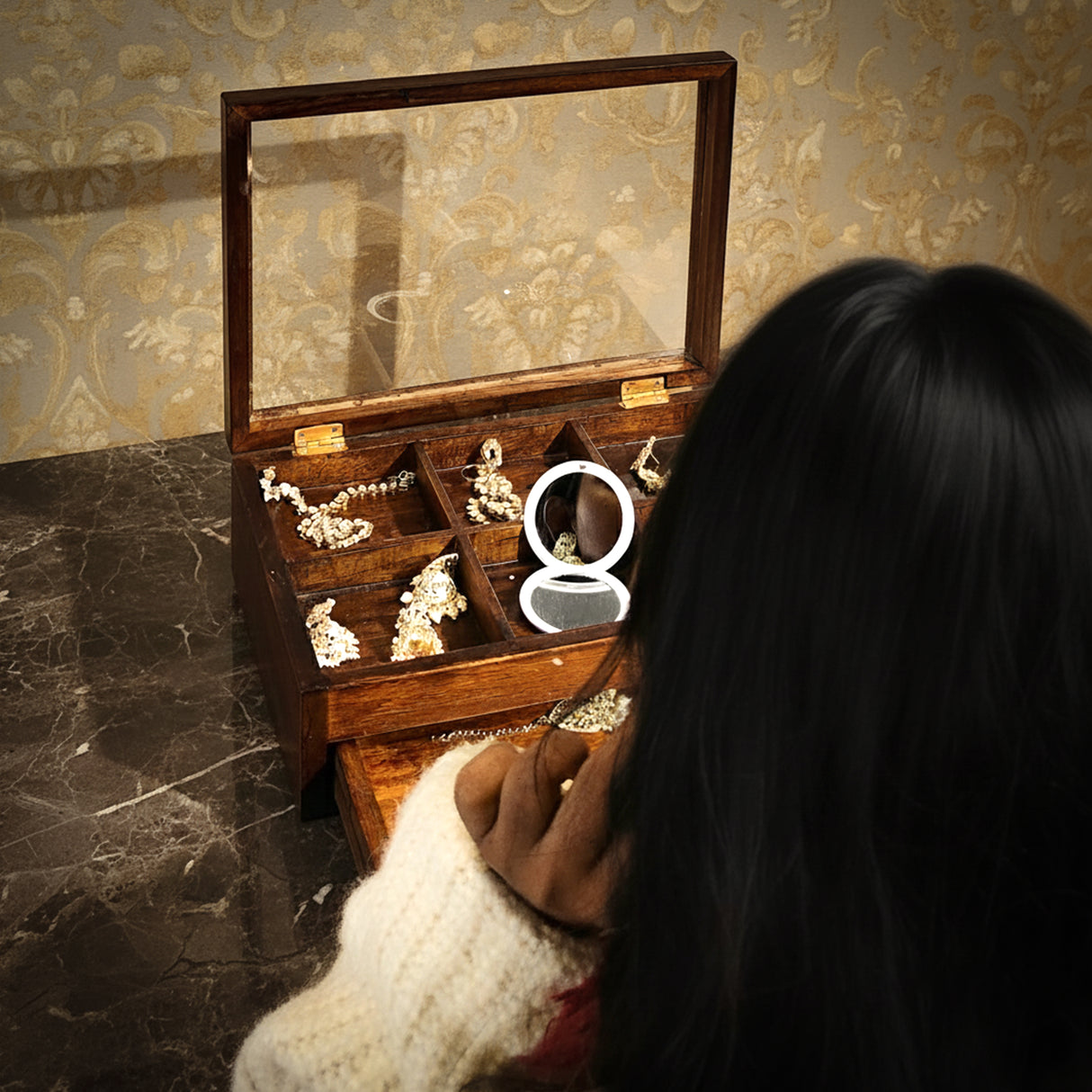 Handcrafted Wooden Bracelet & Jewelry Storage Box with Sliding Drawer - Premium Organizer with Multiple Compartments & Brass Hardware