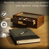 Elegant Wooden Pen Organizer with Glass Top & Brass Accents – Perfect Desk Gift