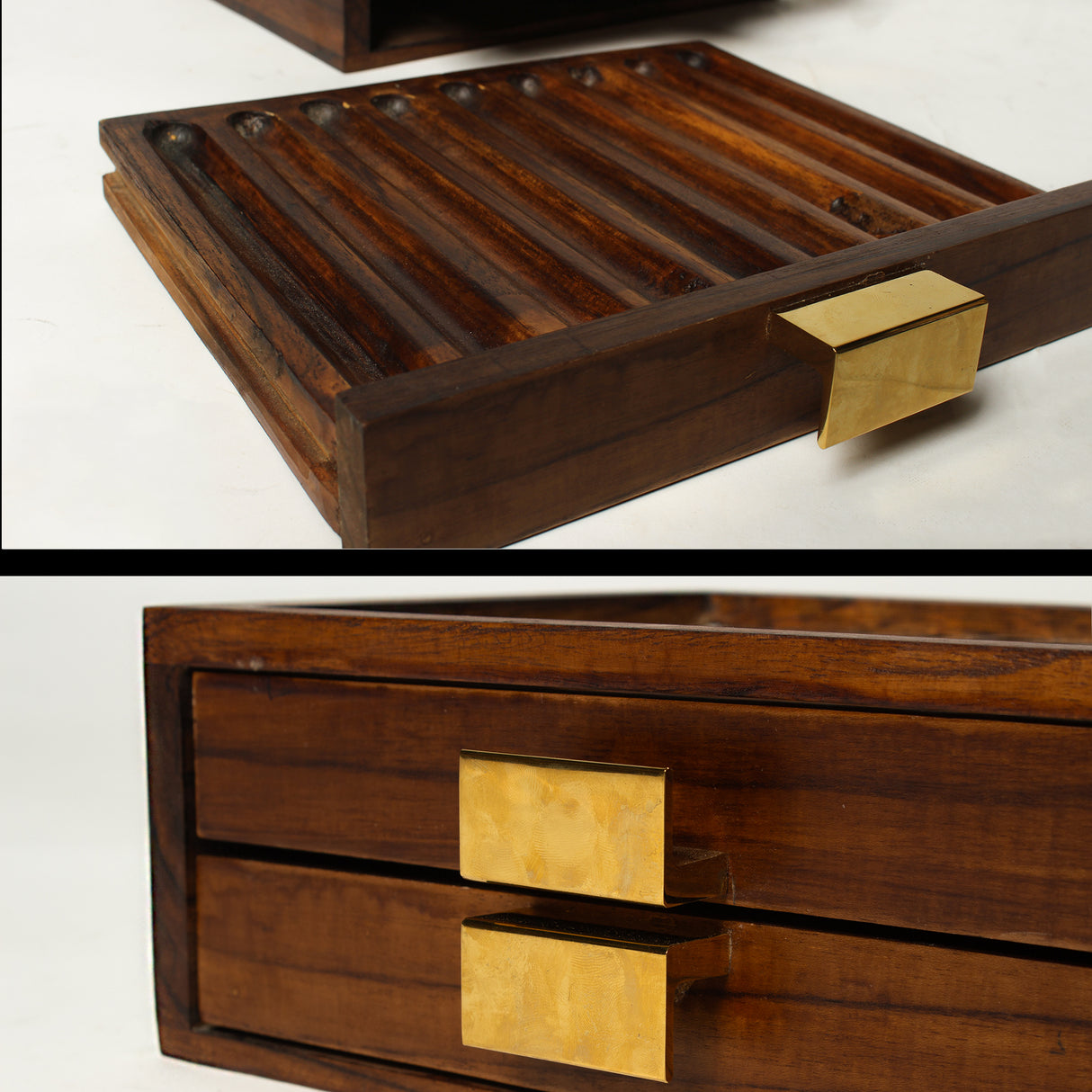 Elegant Wooden Pen Organizer with Glass Top & Brass Accents – Perfect Desk Gift