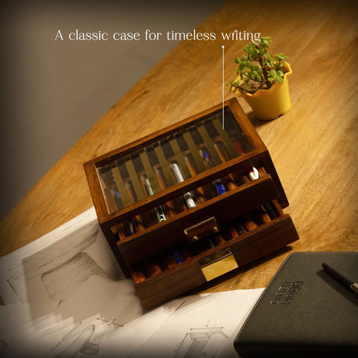 Elegant Wooden Pen Organizer with Glass Top & Brass Accents – Perfect Desk Gift