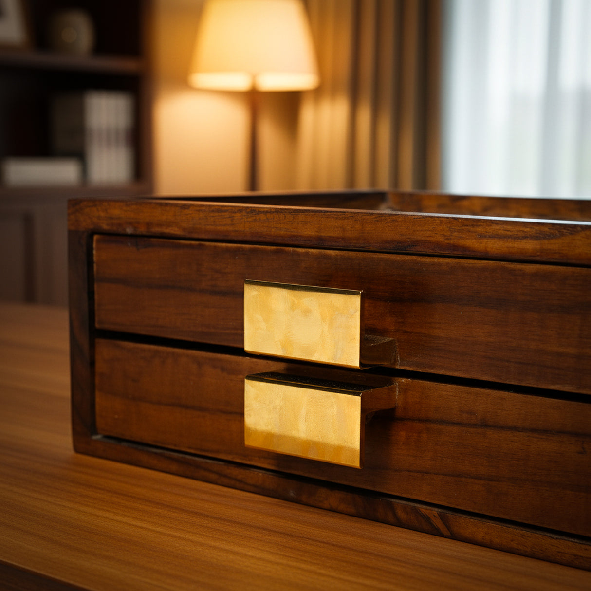 Elegant Wooden Pen Organizer with Glass Top & Brass Accents – Perfect Desk Gift