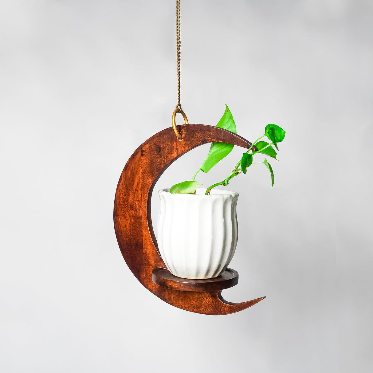 Handcrafted Wooden Moon Shaped Hanging Shelf | Crescent Wall Hanging Planter Holder for Home Décor (13.8 x 7.9 x 3.9 inches)