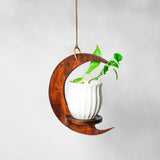 Handcrafted Wooden Moon Shaped Hanging Shelf | Crescent Wall Hanging Planter Holder for Home Décor (13.8 x 7.9 x 3.9 inches)