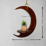 Handcrafted Wooden Moon Shaped Hanging Shelf | Crescent Wall Hanging Planter Holder for Home Décor (13.8 x 7.9 x 3.9 inches)