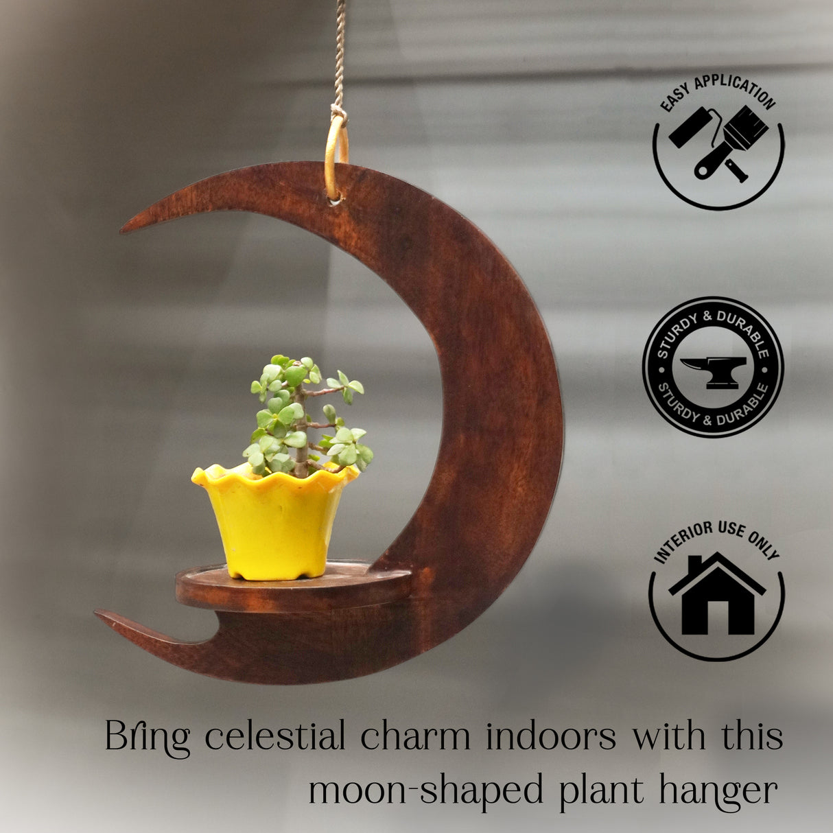 Handcrafted Wooden Moon Shaped Hanging Shelf | Crescent Wall Hanging Planter Holder for Home Décor (13.8 x 7.9 x 3.9 inches)