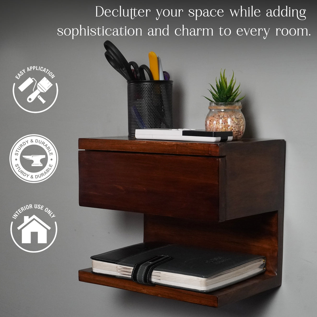 Solid Wood Wall Mounted Shelf with Drawer – 11.7 x 10 Inch, Natural Brown Finish