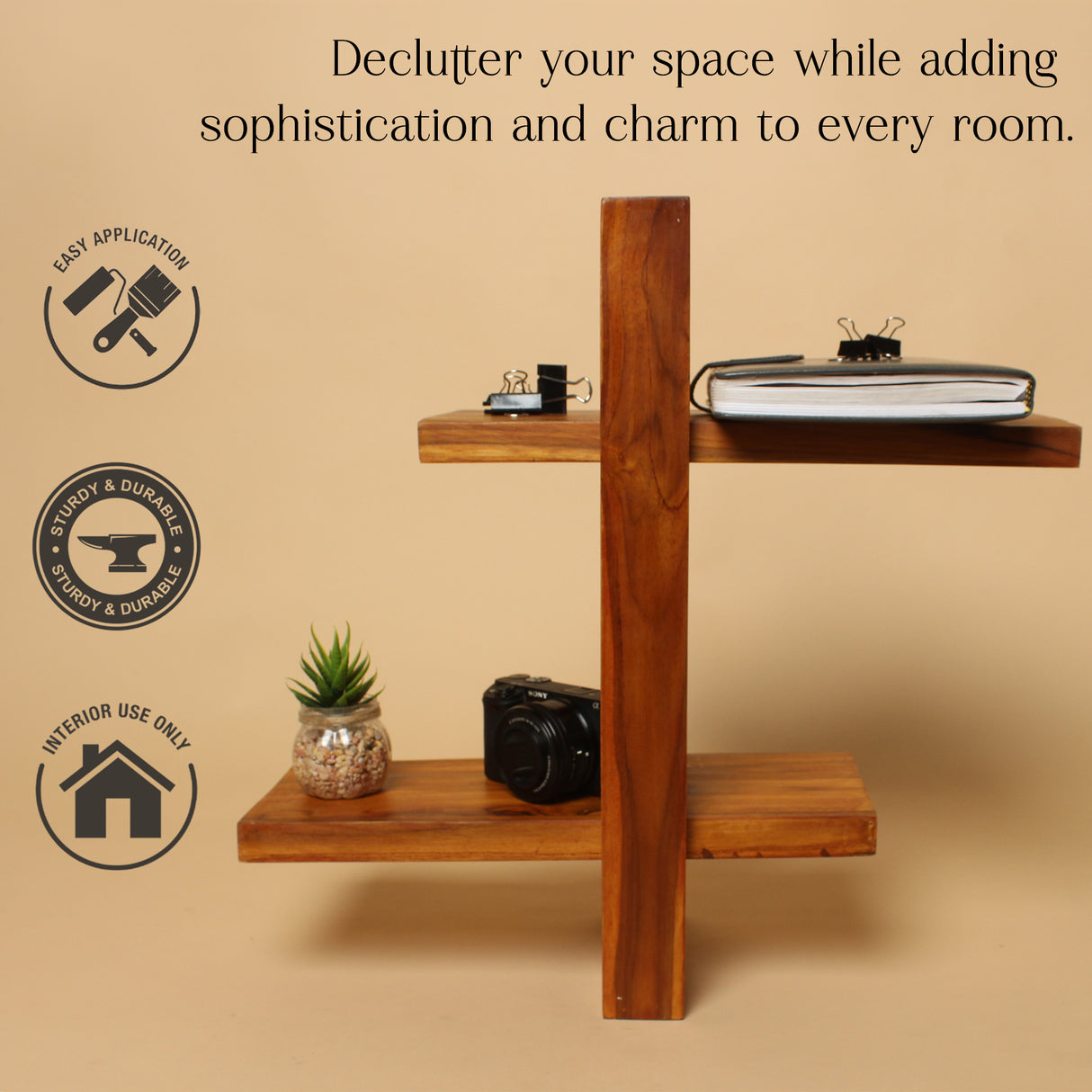 Solid Wood Wall Shelf – 2-Tier Cross Design, 20 Inch Height, Natural Brown Finish