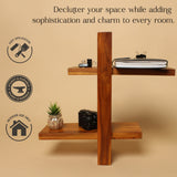 Solid Wood Wall Shelf – 2-Tier Cross Design, 20 Inch Height, Natural Brown Finish