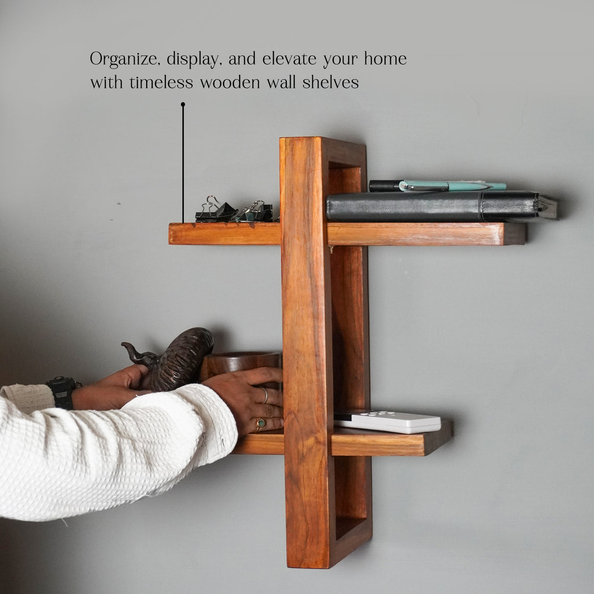 Solid Wood Wall Shelf – 2-Tier Cross Design, 20 Inch Height, Natural Brown Finish