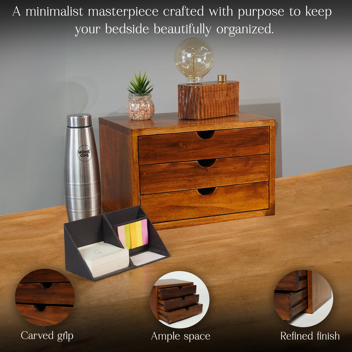 Handcrafted Wooden 3-Drawer Storage Organizer – Solid Wood Desktop Chest