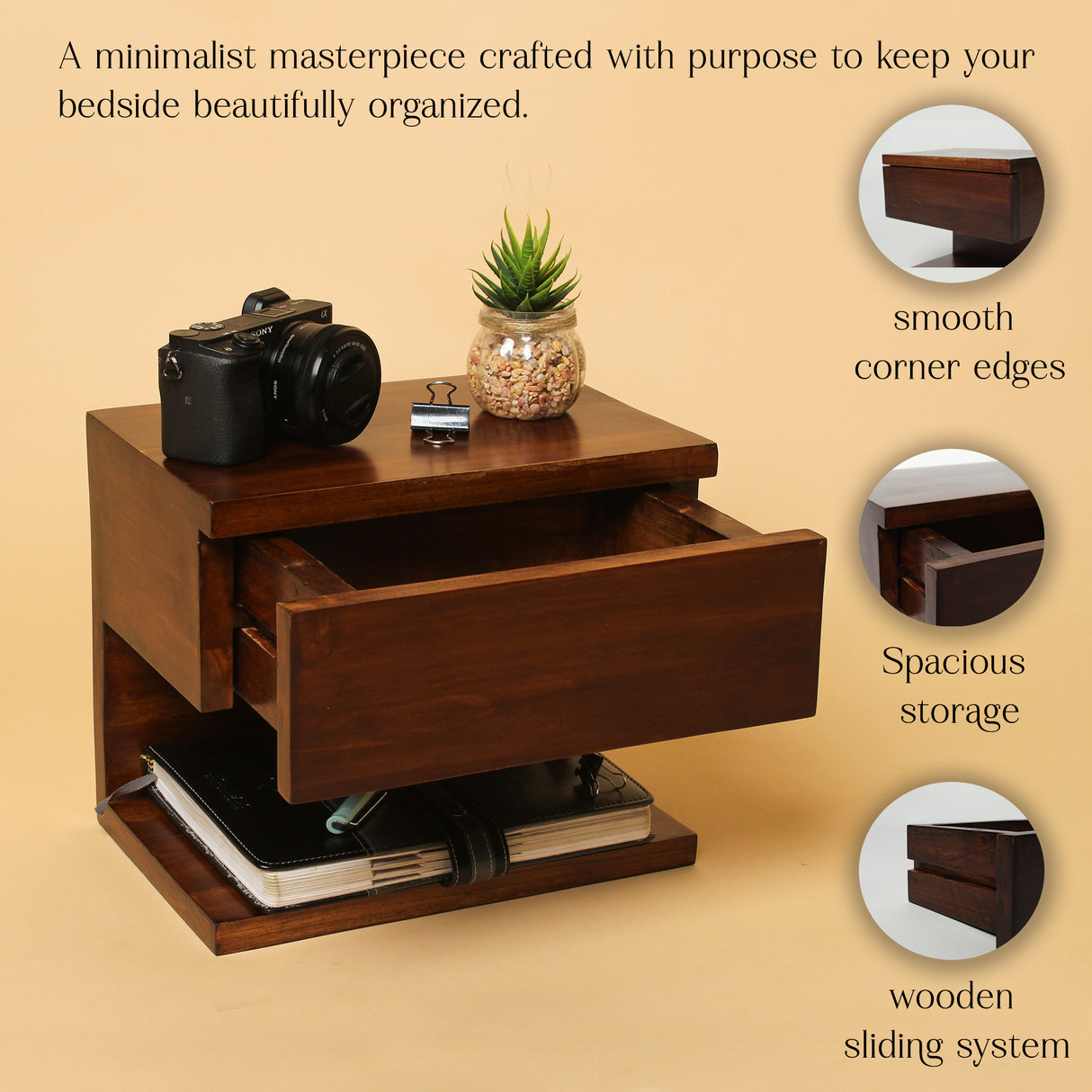 Solid Wood Wall Mounted Shelf with Drawer – 11.7 x 10 Inch, Natural Brown Finish