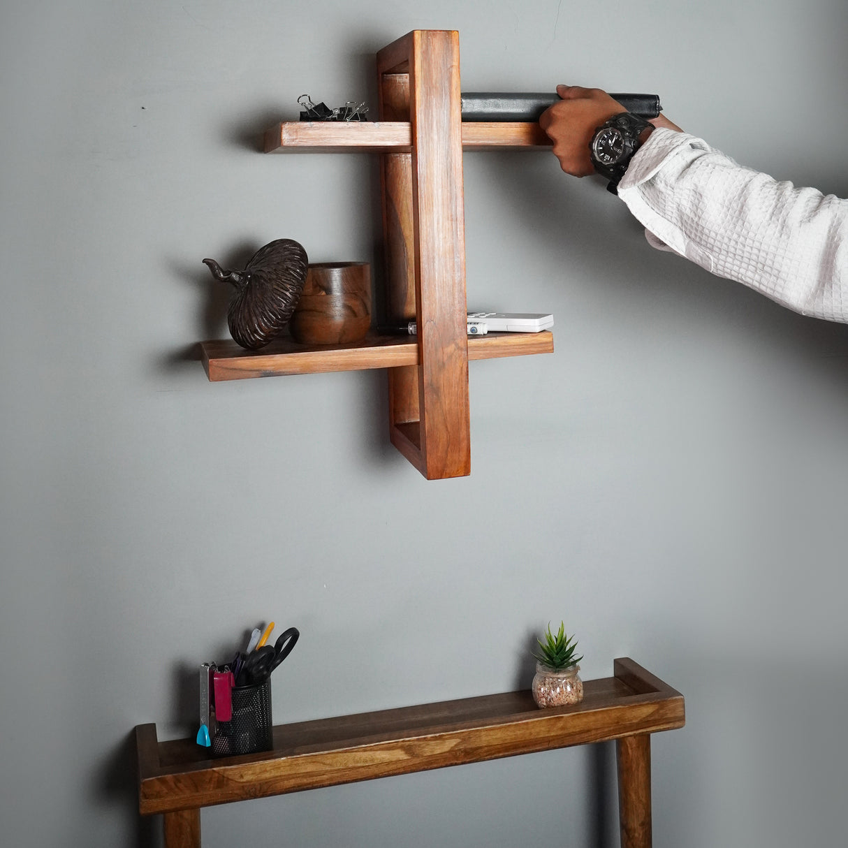 Solid Wood Wall Shelf – 2-Tier Cross Design, 20 Inch Height, Natural Brown Finish