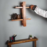 Solid Wood Wall Shelf – 2-Tier Cross Design, 20 Inch Height, Natural Brown Finish