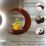 Handcrafted Wooden Moon Shaped Hanging Shelf | Crescent Wall Hanging Planter Holder for Home Décor (13.8 x 7.9 x 3.9 inches)