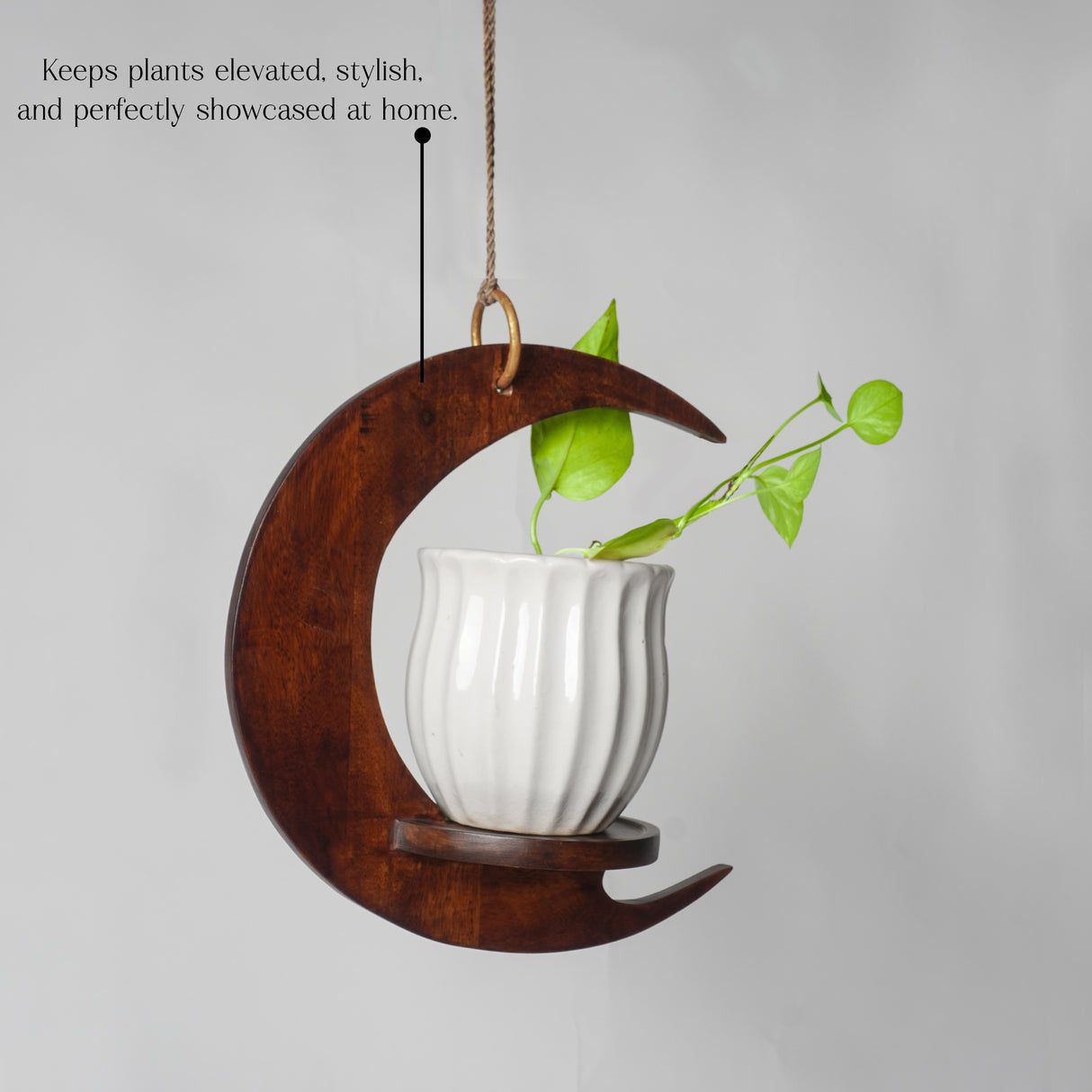 Handcrafted Wooden Moon Shaped Hanging Shelf | Crescent Wall Hanging Planter Holder for Home Décor (13.8 x 7.9 x 3.9 inches)