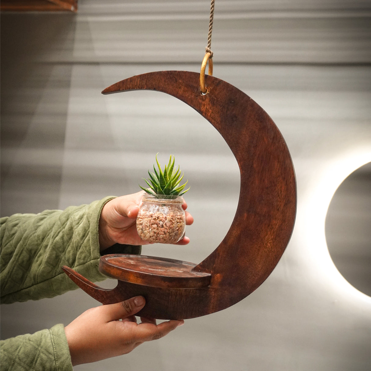 Handcrafted Wooden Moon Shaped Hanging Shelf | Crescent Wall Hanging Planter Holder for Home Décor (13.8 x 7.9 x 3.9 inches)
