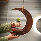 Handcrafted Wooden Moon Shaped Hanging Shelf | Crescent Wall Hanging Planter Holder for Home Décor (13.8 x 7.9 x 3.9 inches)