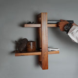 Solid Wood Wall Shelf – 2-Tier Cross Design, 20 Inch Height, Natural Brown Finish