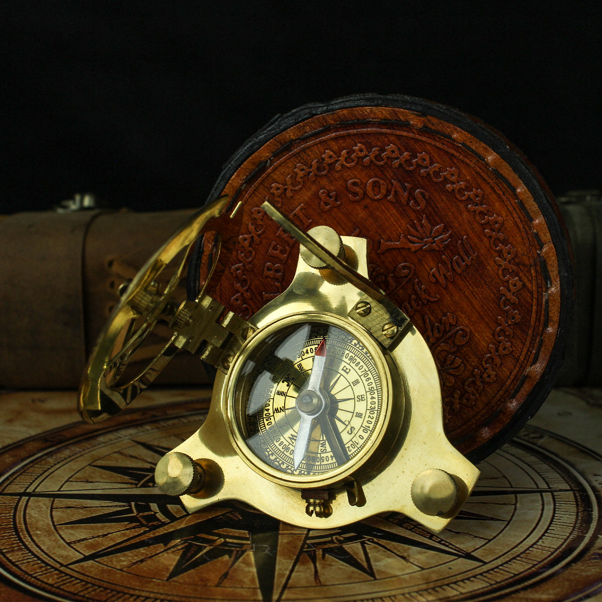 Antique Brass Compass with Leather Box