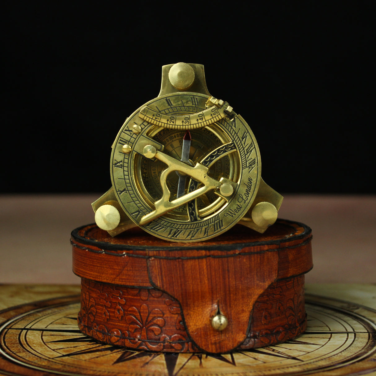 Antique Brass Compass with Leather Box