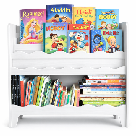 Wooden Bookshelf for Kids – Front Facing Book Display Rack with Toy Storage Bins – Toddler Bookcase Organizer for Nursery, Playroom & Bedroom – Solid Wood Children’s Book Shelf