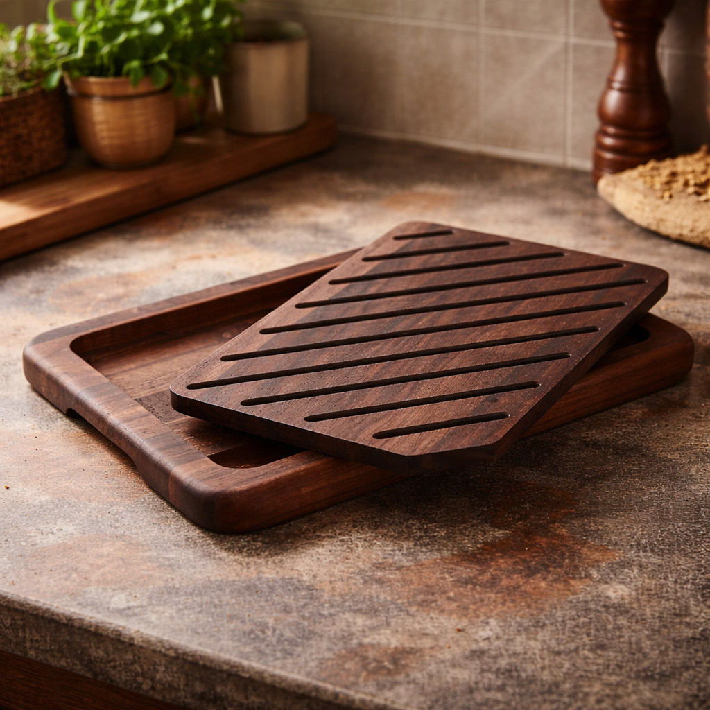 Handcrafted Walnut Bread Cutting Board with Removable Crumb Tray – Rustic Wooden Bread Slicer for Sourdough, Artisan Loaf & Kitchen Serving – Durable Premium Kitchen Board