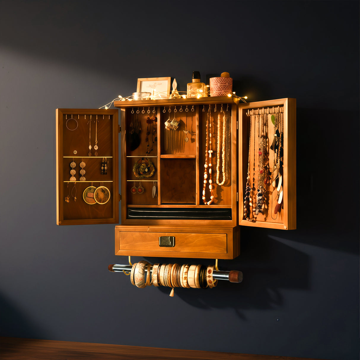 Handcrafted Teak Wood Jewellery Cabinet – Spacious 16×20×3.2 Inch Organizer with Drawer & Multi-Storage Sections