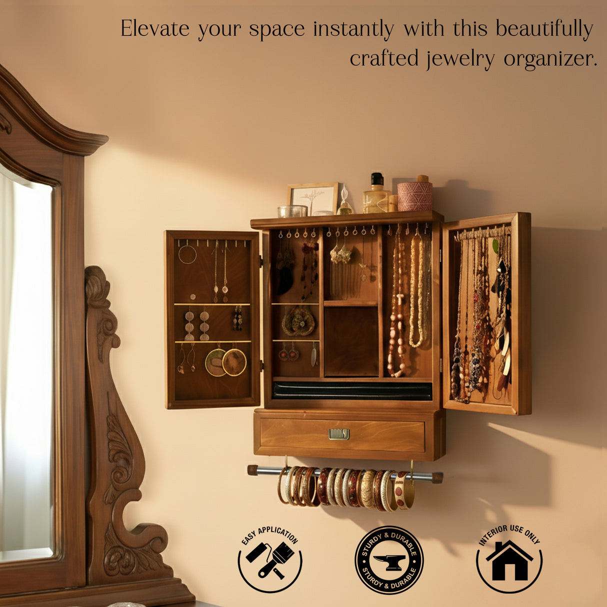 Handcrafted Teak Wood Jewellery Cabinet – Spacious 16×20×3.2 Inch Organizer with Drawer & Multi-Storage Sections