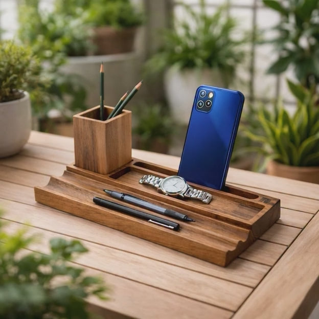 Wooden Desk Organizer & Pen Holder – Solid Wood Desktop Stationery Stand for Office Table, Study Desk & Home Workspace