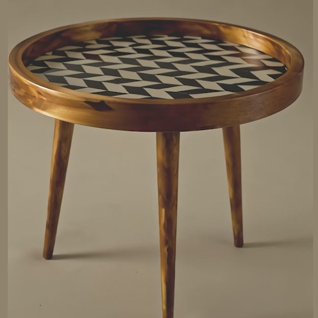Handcrafted Wooden Round Side Table – Solid Wood Accent Table with Designer Inlay Top for Living Room, Bedroom & Home Décor