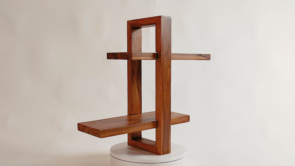 Solid Wood Wall Shelf – 2-Tier Cross Design, 20 Inch Height, Natural Brown Finish