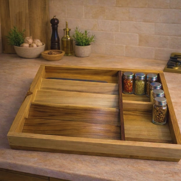 Premium Solid Wood Kitchen Drawer Organizer with Spice Jar & Cutlery Compartments – Handcrafted Modular Storage Tray for Neat & Elegant Kitchens